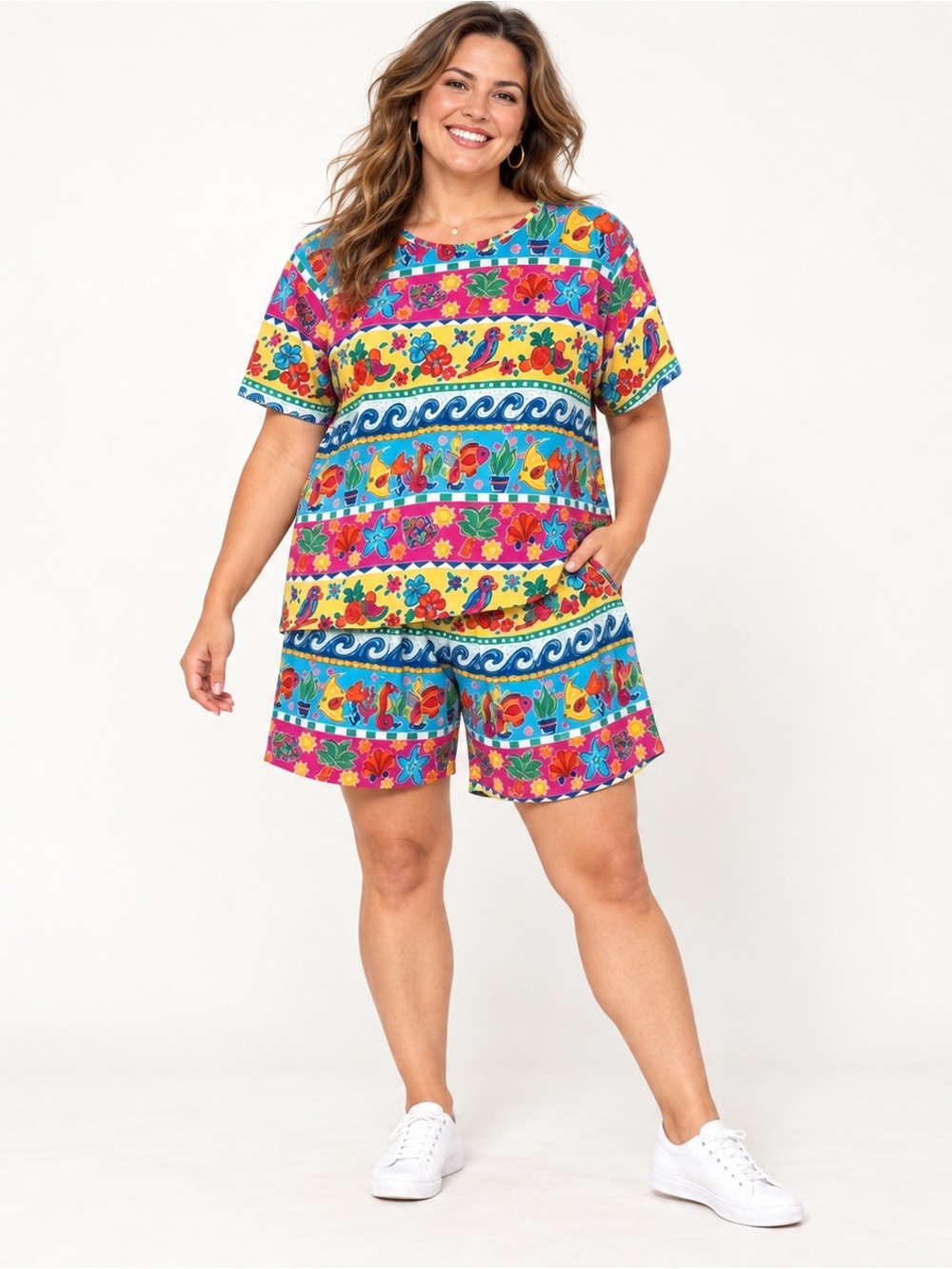 Vintage Bechamel Casual Tropical Novelty Print Two Piece Shorts Set Size Large